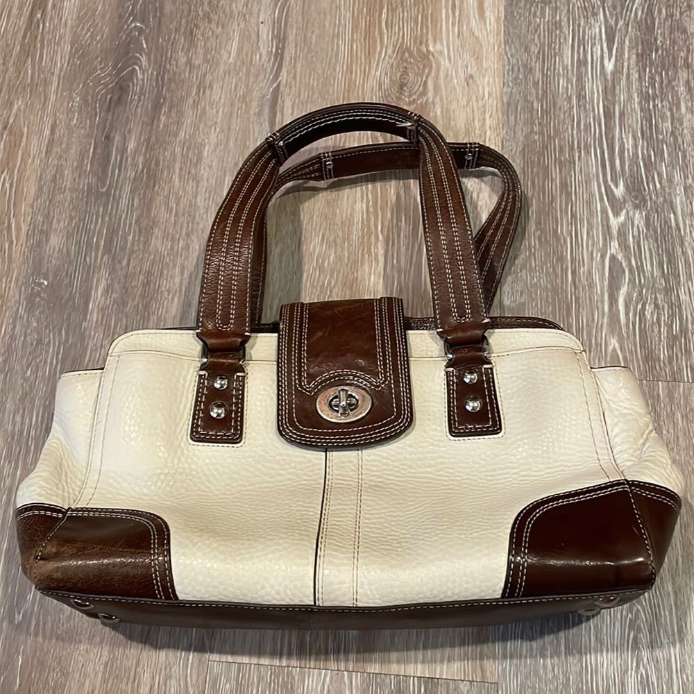 Two Toned Coach Bag in White & Brown Leather